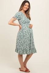 Light Olive Floral Wrap Maternity Midi Dress