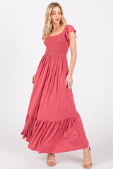 Magenta Smocked Ruffle Hem Maternity Maxi Dress