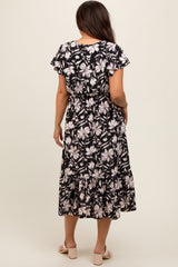 Black Floral Flutter Sleeve Maternity Midi Dress