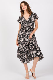 Black Floral Flutter Sleeve Midi Dress