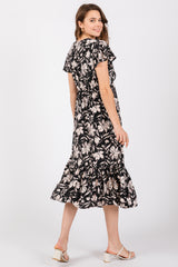 Black Floral Flutter Sleeve Midi Dress