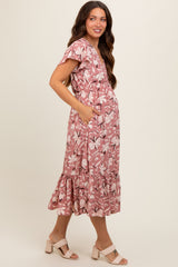 Mauve Floral Flutter Sleeve Maternity Midi Dress