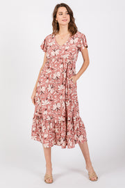 Mauve Floral Flutter Sleeve Midi Dress