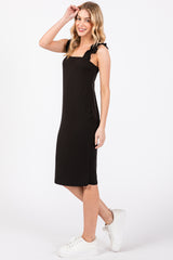 Black Ribbed Ruffle Strap Midi Dress