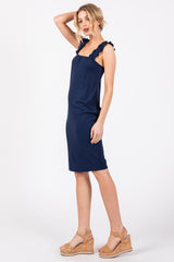 Navy Ribbed Ruffle Strap Midi Dress