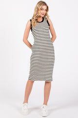 Cream Black Striped Sleeveless Fitted Knit Dress