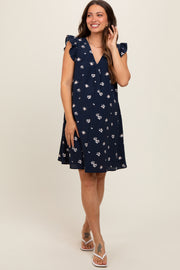 Navy Blue Floral Ruffle Cap Sleeve Maternity Dress