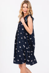 Navy Blue Floral Ruffle Cap Sleeve Dress