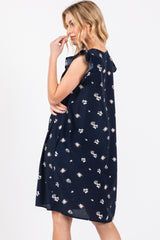 Navy Blue Floral Ruffle Cap Sleeve Dress