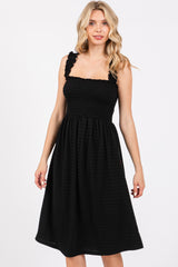 Black Sleeveless Smocked Textured Midi Dress