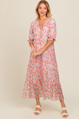 Light Pink Floral Front Tie Button Up Maternity Maxi Dress