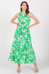 Green Floral Side Cutout Ruffle Midi Dress