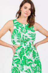 Green Floral Side Cutout Ruffle Midi Dress