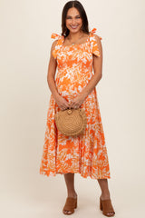 Orange Floral Smocked Tie Shoulder Maternity Midi Dress