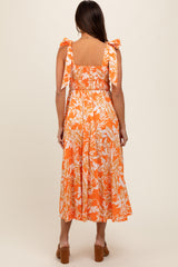 Orange Floral Smocked Tie Shoulder Maternity Midi Dress