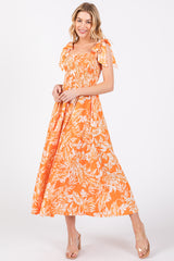 Orange Floral Smocked Tie Shoulder Maternity Midi Dress