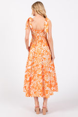 Orange Floral Smocked Tie Shoulder Midi Dress