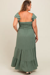 Olive Smocked Ruffle Layered Short Sleeve Tiered Maternity Maxi Dress