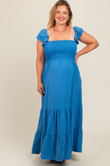 Blue Smocked Ruffle Layered Short Sleeve Tiered Maternity Maxi Dress