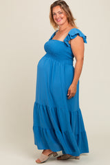 Blue Smocked Ruffle Layered Short Sleeve Tiered Maternity Maxi Dress