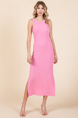 Pink Ribbed Maternity Side Slit Tank Dress