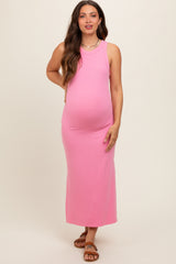 Pink Ribbed Maternity Side Slit Tank Dress