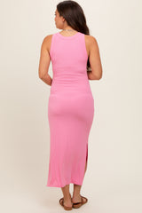 Pink Ribbed Maternity Side Slit Tank Dress