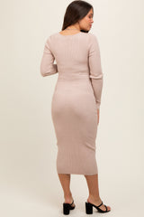 Beige Long Sleeve Fitted Maternity Dress