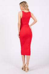 Red Fitted Knit Midi Dress