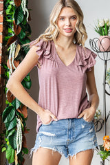 Mauve Heathered Ruffle Cap Sleeve Maternity Top