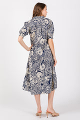 Navy Blue Floral Collared Tiered Midi Dress