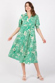 Emerald Green Floral Collared Tiered Midi Dress