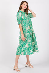 Emerald Green Floral Collared Tiered Midi Dress