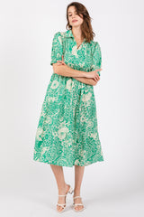 Emerald Green Floral Collared Tiered Midi Dress