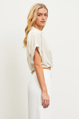 Oatmeal Collared Surplice Crop Top