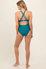 Turquoise Ruched Side Strappy Cross Back Maternity One Piece Swimsuit