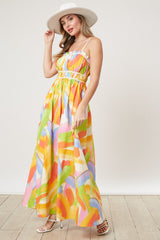 White Abstract Print Pleated Bodice Maternity Maxi Dress