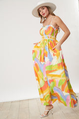 White Abstract Print Pleated Bodice Maxi Dress