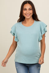 Aqua Ruffle Sleeve Ribbed Maternity Top