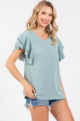 Aqua Ruffle Sleeve Ribbed Top