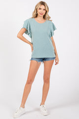 Aqua Ruffle Sleeve Ribbed Top