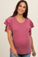 Burgundy Ruffle Sleeve Ribbed Maternity Top