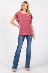 Burgundy Ruffle Sleeve Ribbed Top