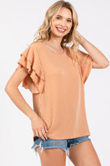 Camel Ruffle Sleeve Ribbed Top