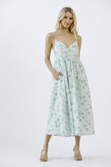 Mint Green Floral Eyelet V-Neck Midi Dress