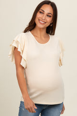 Cream Ruffle Sleeve Ribbed Maternity Top