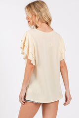 Cream Ruffle Sleeve Ribbed Top