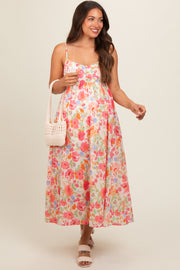 Multi Color Floral Button Front V-Neck Maternity Midi Dress