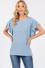 Blue Ruffle Sleeve Ribbed Top