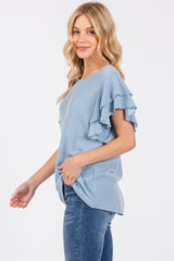 Blue Ruffle Sleeve Ribbed Top